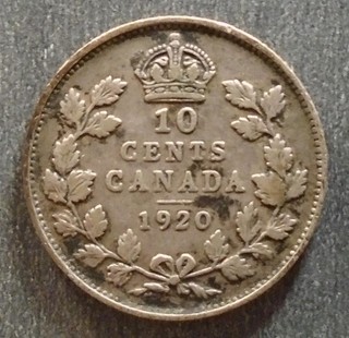 Canada George V Silver 10 Cents 1920 toned
