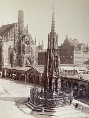 1880s Albumen Photo Nuremberg Germany Schoener Brunnen Frauenkirche Market