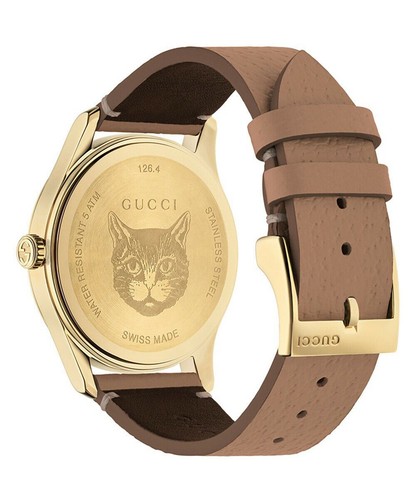 GUCCI WATCH YA1264063 G-TIMELESS MOTH GOLD PVD & BROWN LEATHER 38mm $1,100 - Picture 3 of 12