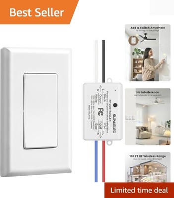 Wireless Remote Light Switch, No Wiring, No WiFi, 100ft RF Range, Pre-Program...