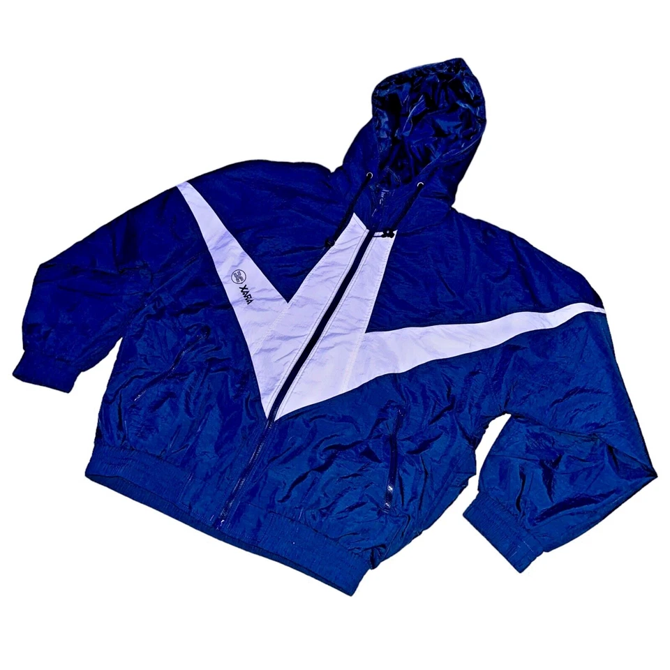 Chaqueta de lluvia de fútbol Xara vintage nueva con etiquetas súper rara de nailon brillante con capucha azul marino Foto 2 de 4