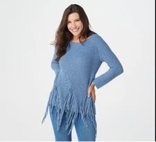 Attitudes by Renee Denim Blue Knit Fringe Detail Long Sleeve Sweater New