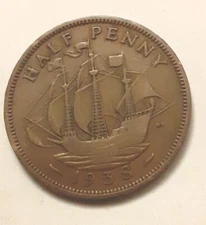 1938 FREE,HALF PENNY ELIZABETH II GOLDEN SHIP PRE-DECIMAL A STUNNING COIN 👇🏻