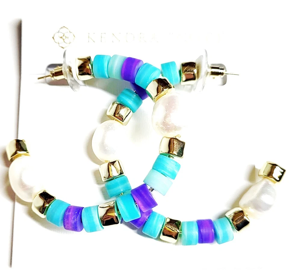 Pendientes de aro Kendra Scott con cuentas mezcla azul aguamarina howlite enchapados en oro de 14 k nuevos con etiquetas Foto 2 de 4