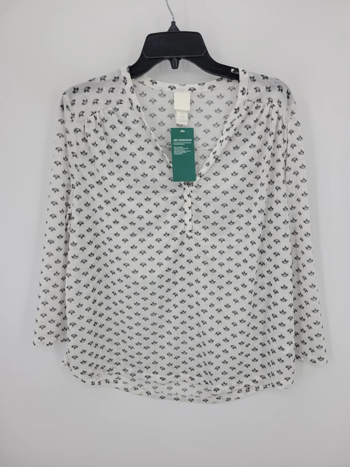 H and M Colección Conscious Top Mujer Grande Blanco Negro Estampado Manga Larga Boho Foto 2 de 4