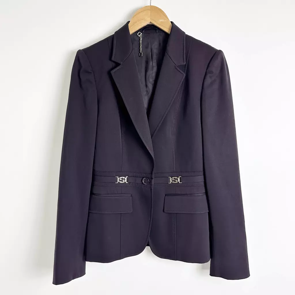 Veste blazer GUCCI aubergine violet or GG taille 42 moyen laine simple boutonnage