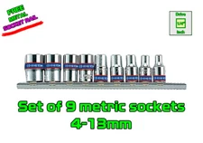 Set of 9 pcs 1/4” Drive 6Point Metric Standard Sockets 4-13mm Size 6pt KING Tony