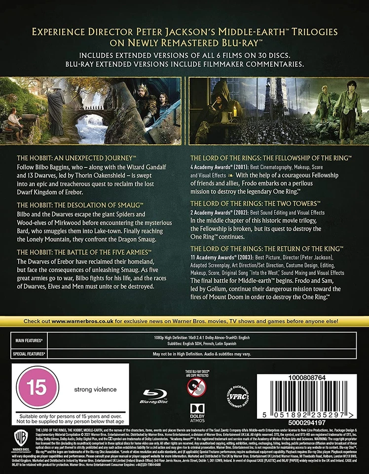 MIDDLE EARTH THE HOBBIT & LORD OF THE RINGS 6 FILM EXTENDED EDITIONS BLU RAY - Image 2 of 2