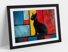 BLACK CAT IN CUBIST OIL PAINTING STYLE -FRAMED WALL ART POSTER PAPER PRINT