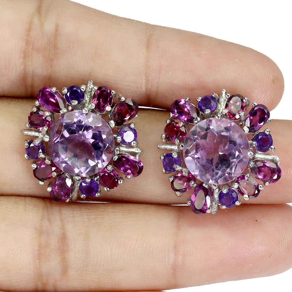 925 Sterling Silver Earrings Round Amethyst 10mm Rhodolite Garnet Gemstone