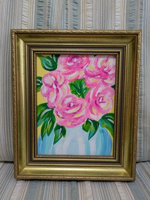 Ornate Gold Framed Original Abstract Roses In A Vase Painting 8 X 10