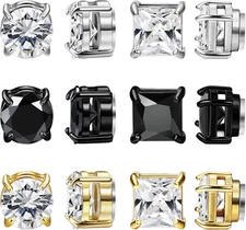 6 Pairs Stainless Steel Magnetic Stud Earrings, Non-Piercing, Unisex, CZ Diamond