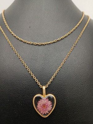 BRILLIANCE  brand gold tone 2 layer purple dried flowers heart pendant necklace