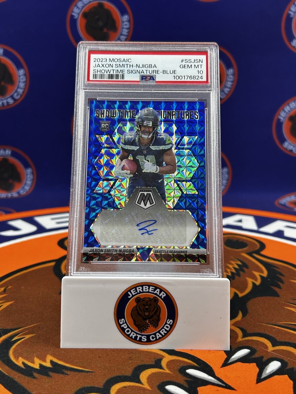 2023 Panini Mosaic Jaxon Smith-Njigba Showtime Signatures #SS-JSN Blue Prizm /75