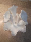 Vintage Fenton White Milk Glass 3 Horn Trumpet Hobnail Epergne Ruffled Vase