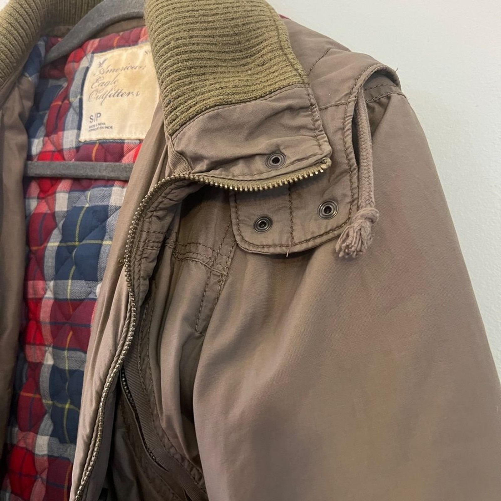 American Eagle Outfitters AEO Small Olive Green Military Jacket Zip Off Hood VTG image 6