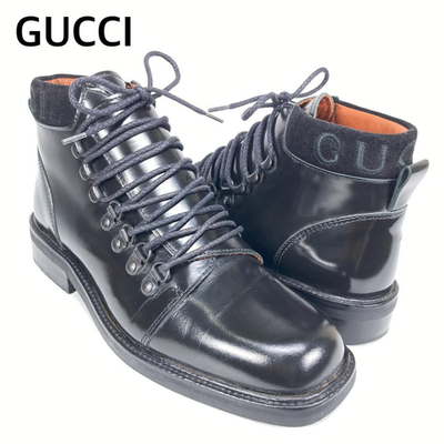GUCCI Square Toe Lace-Up Leather Suede Short Boots Black Women