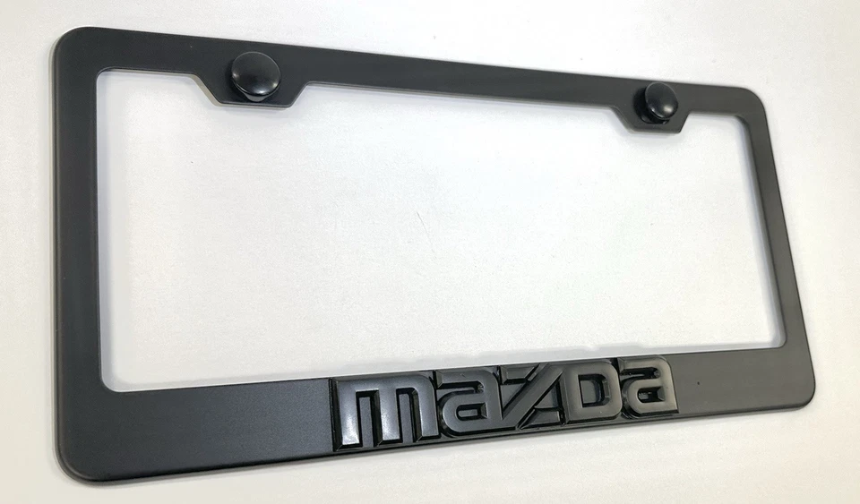 Marco de matrícula negro mate de acero inoxidable emblema Mazda 3D con tapas Foto 2 de 2