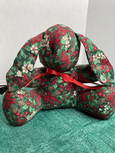 Christmas BUNNY Green Red Ribbon Bows & Holly Print Ribbon Tie Pine Cone Vintage - Picture 2 of 9