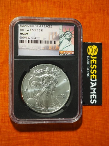 2011 W BURNISHED SILVER EAGLE NGC MS69 STATUE OF LIBERTY LABEL BLACK CORE HOLDER