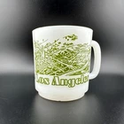 Vintage Los Angeles Souvenir Coffee Cup White Milk Glass Olive Green Retro 1970s