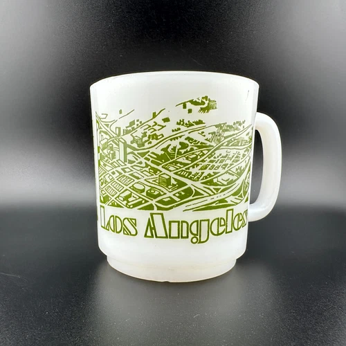 Vintage Los Angeles Souvenir Coffee Cup White Milk Glass Olive Green Retro 1970s