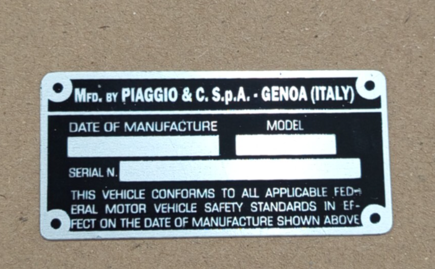 VESPA VBA GS VNA VBB SUPER SPRINT Chassis Plate FRAME NUMBER