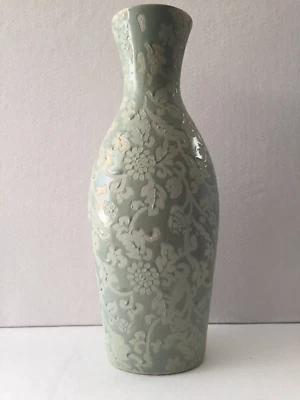 VASE CONTEMPORAIN DÉCORATIF DESIGN CERAMIQUE CÉLADON VERT ART FLORAL - Photo 1/4
