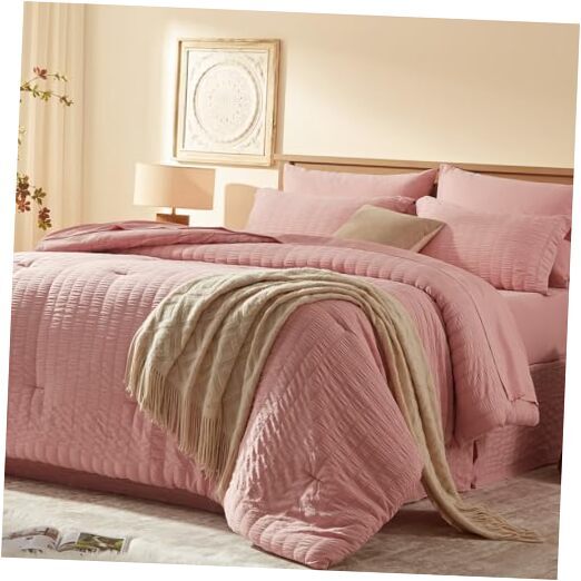 Queen Comforter Set 8 Pieces, Seersucker Bed in a Bag Queen-8 Pieces 01 - Pink