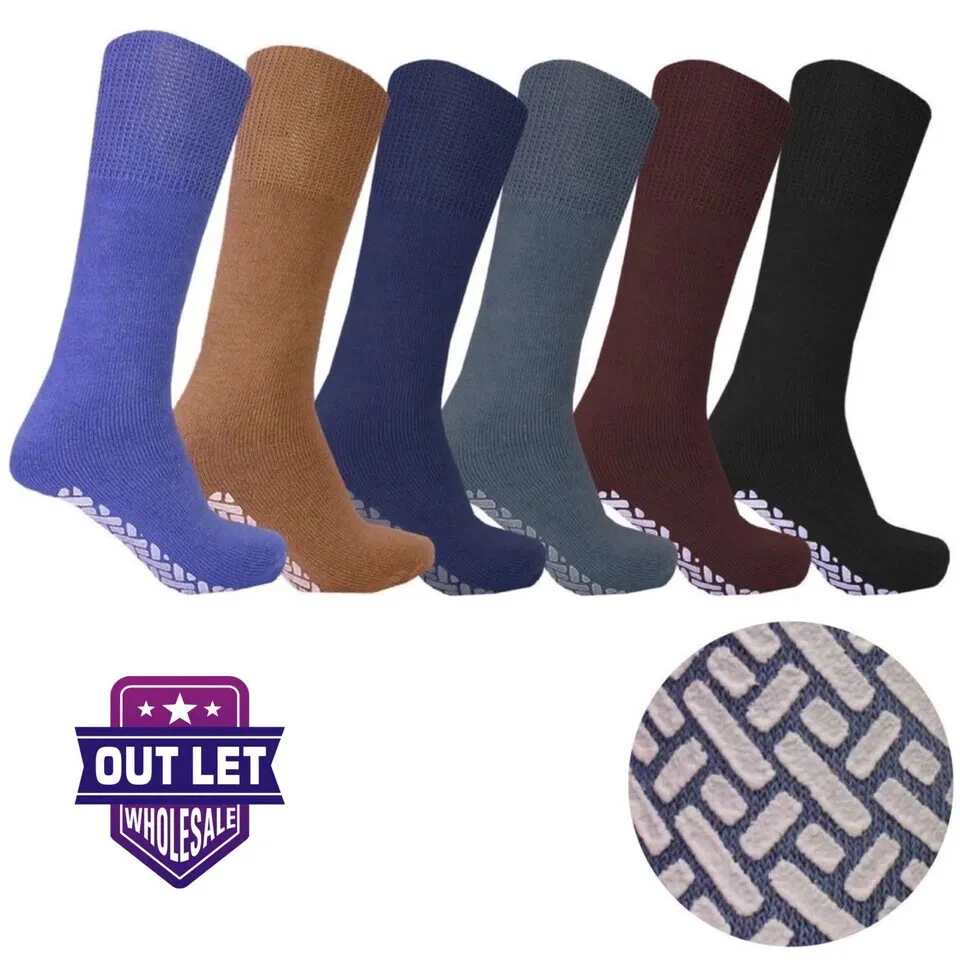 Wholesale lot Men Non Skid Gripper Diabetic Crew Socks Loose Fit Top Non Binding