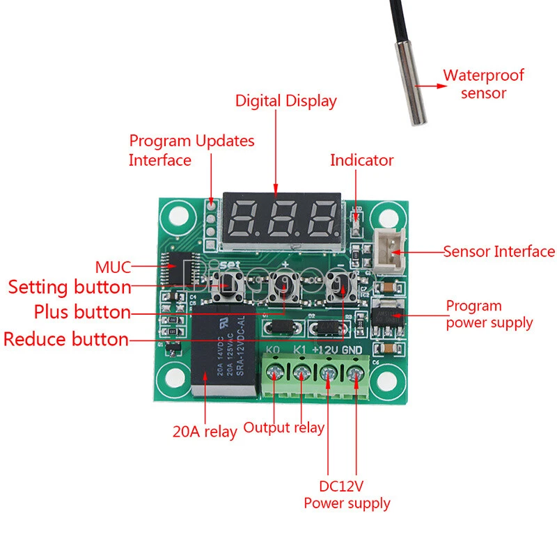 W1209 DC 12V Digital thermostat Temperature Controller Sensor +NTC 10K 1% Cable