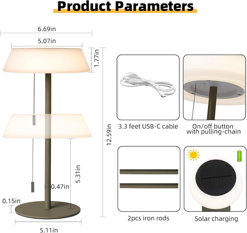 Solar LED Outdoor Table Lamp Waterproof, 3 Level Dimmable Desk Night Light, Port - Picture 7 of 12