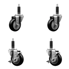 3.5 Inch Black Poly Wheel Swivel 1 Inch Expanding Stem Caster Set 2 Brakes SCC