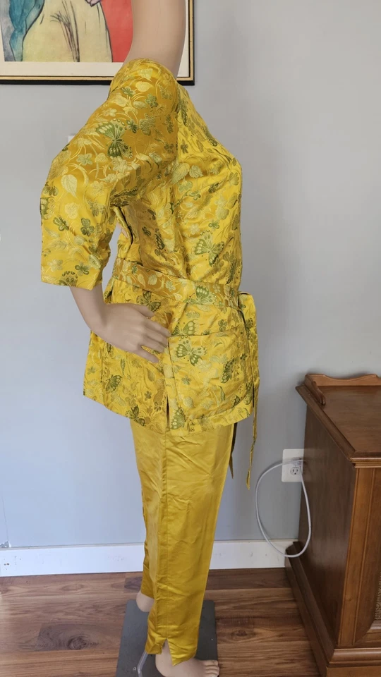 Saks Fifth Avenue Asian Silk Brocade Pant Set Vintage M/L 1960s Yellow/Gold - Image 4 of 4