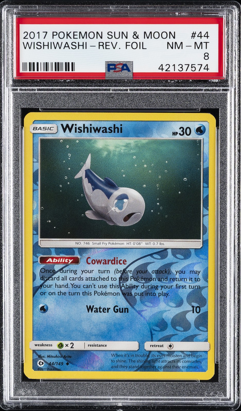 2017 POKEMON SUN & MOON #44 WISHIWASHI-REVERSE FOIL PSA 8
