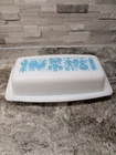 VTG Pyrex Amish Butter Dish +Lid 7" Rooster Farm White Milk Glass Turquoise Blue