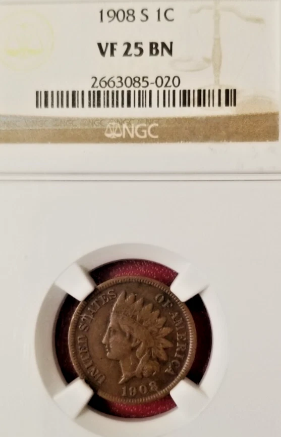NGC VF-25! 1908-S KEY DATE INDIAN HEAD CENT - Image 2 of 3