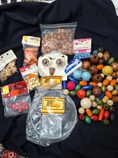 Lot Vtg Wood Macrame Beads Craft Supplies Hoops Owl Face