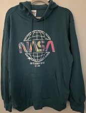 NASA Hoodie Unisex Large 42-44 Teal Graphic Pullover Streetwear Space Logo