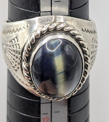 Natürliches Falkenauge blaues Tigerauge 925 Sterling Silber Ring Bandgröße 10,5/11 Gramm