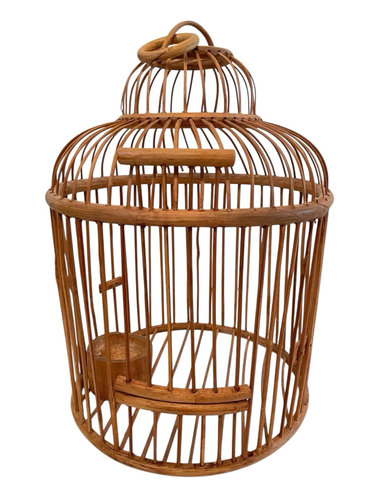 VINTAGE ASIAN ROUND BIRD CAGE BAMBOO & CARVED WOOD HANGING OR TABLETOP