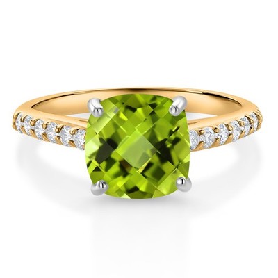 10K Yellow Gold 8MM Cushion  Cut Peridot and White Lab Grown Diamond Engagement
