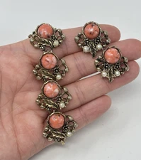 Vintage Victorian Revival Panel Link Bracelet Earring Set Pearl Gold Tone