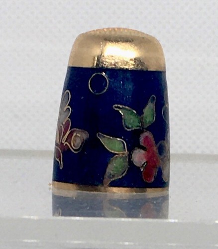 Gold Plated Blue Cloisonné Enamel Floral Butterfly Sewing Thimble - Picture 3 of 6