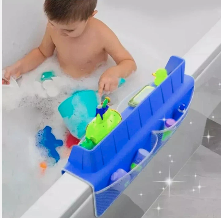 Bathtub Splash Guard for Tub Kids Play Shelf Area Toy Tray Caddy Holder- BLUE- - Image 2 of 4