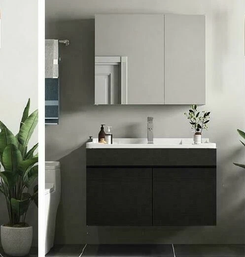 Bathroom Furniture Set Black Plywood Mirror Cabinet Vanity Basin Included 800mm