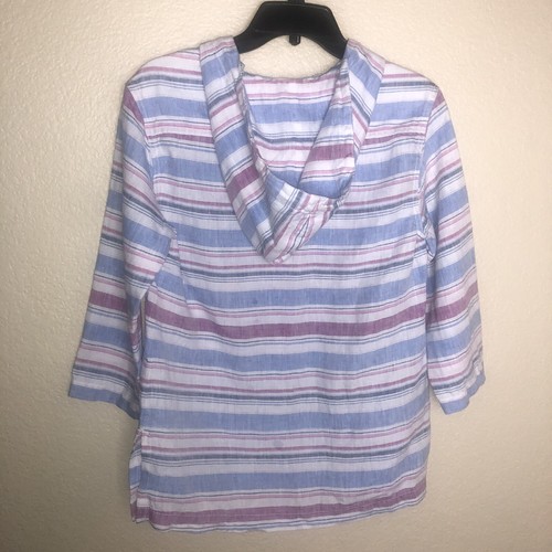 Tommy Bahama Tulum Stripped Linen Hoodie Pullover Top Pink Blue XS 3/4 Sleeves - Picture 9 of 12