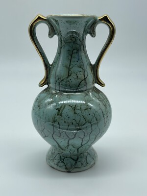 VINTAGE GOUDA HOLLAND KLEINE GRÜN TÜRKIS GOLD VERGOLDET MARMORIERT MINIATUR VASE