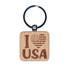 I Heart Flag USA Patriotic Fourth of July Engraved Wood Square Keychain