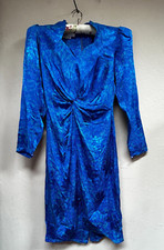 Vintage Flora Kung New York Blue Printed Silk Twist Front Puff Sleeve Dress Sz 8